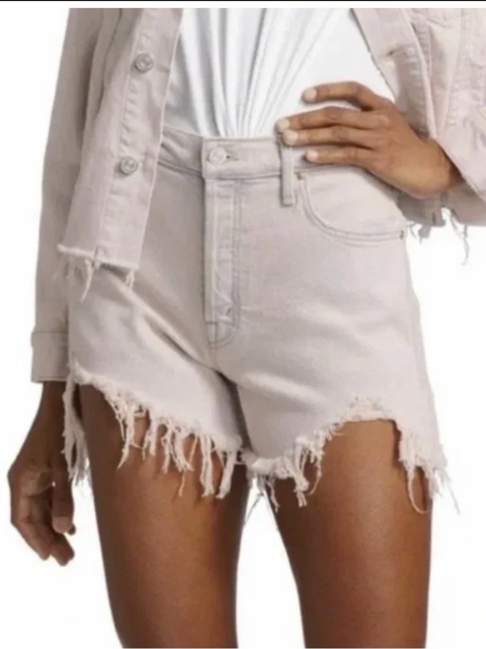 MOTHER pale Pinkish-Cream High-Rise Distressed Denim Shorts
